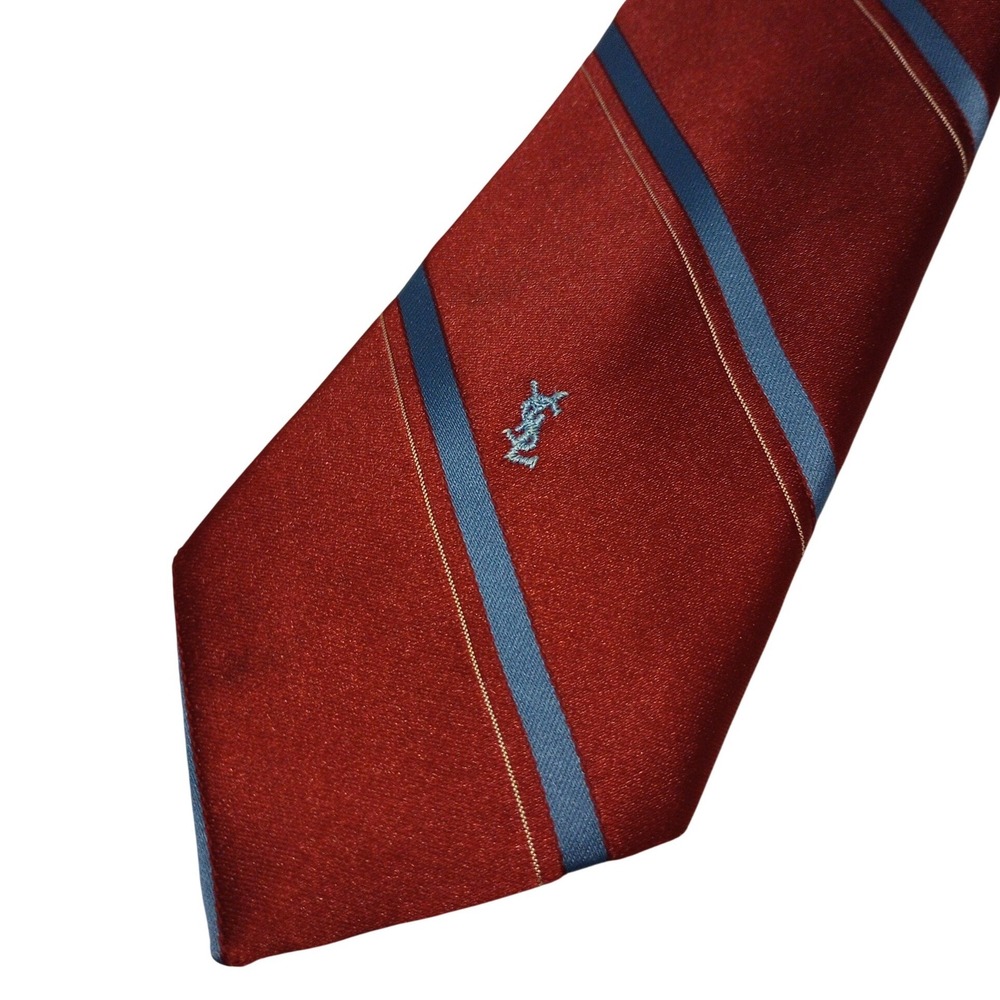 Yves Saint Laurent Mens Silk Tie Burgundy Blue Silver Striped Logo Designer